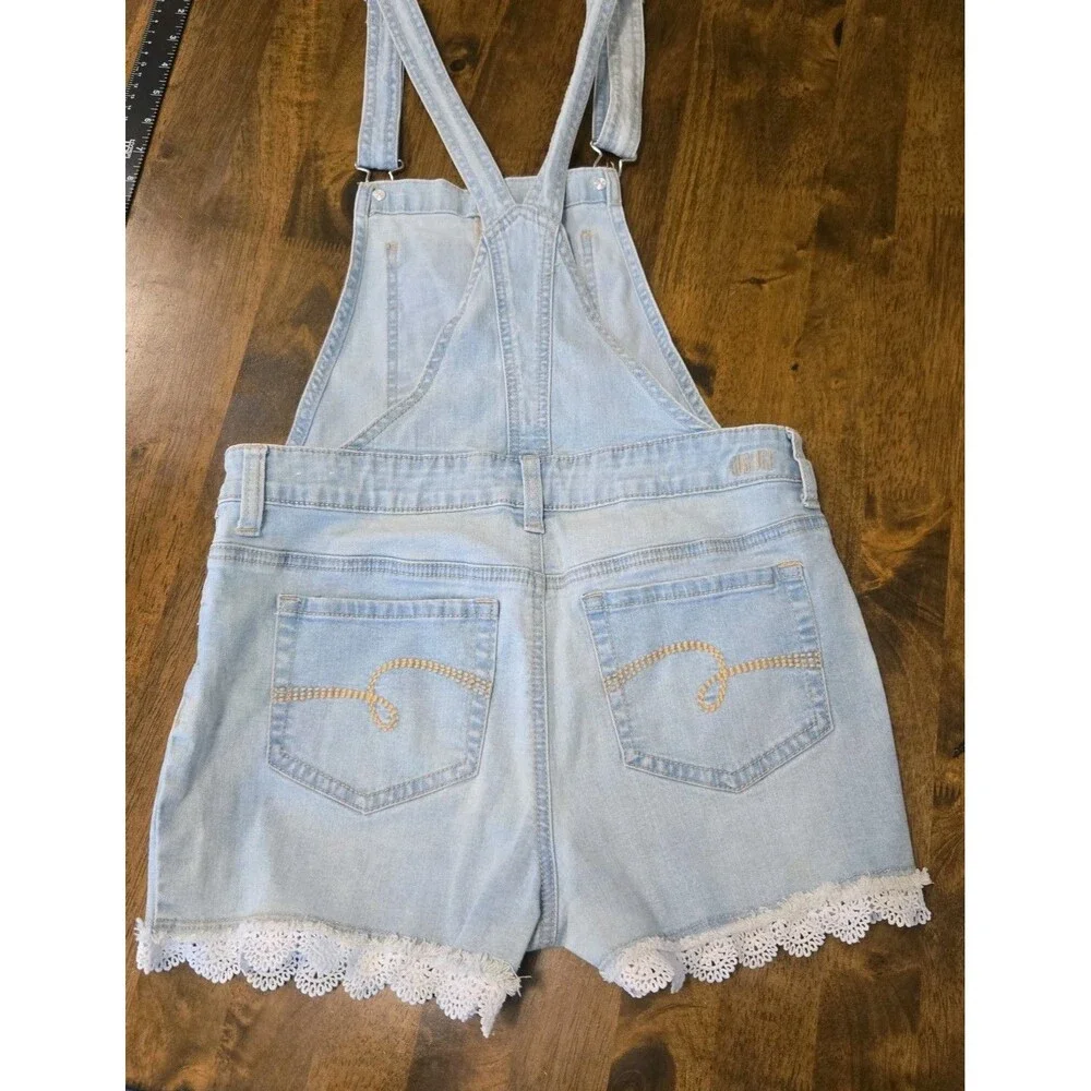 Justice Girls Y2K Denim Short Overalls Size 16 Crochet Ruffle Trim Light Wash